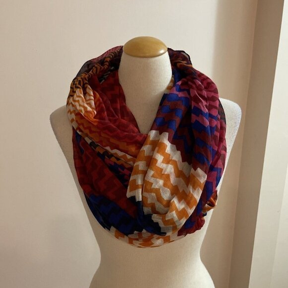 Sheer Infinity Scarf Geometric Print Design 38” x 76” Multicolor Lightweight MOD - Picture 1 of 8